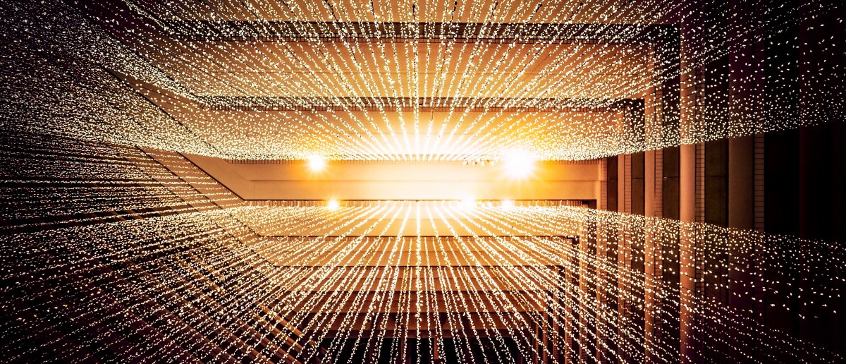 String lights curtain hanging from a high ceiling